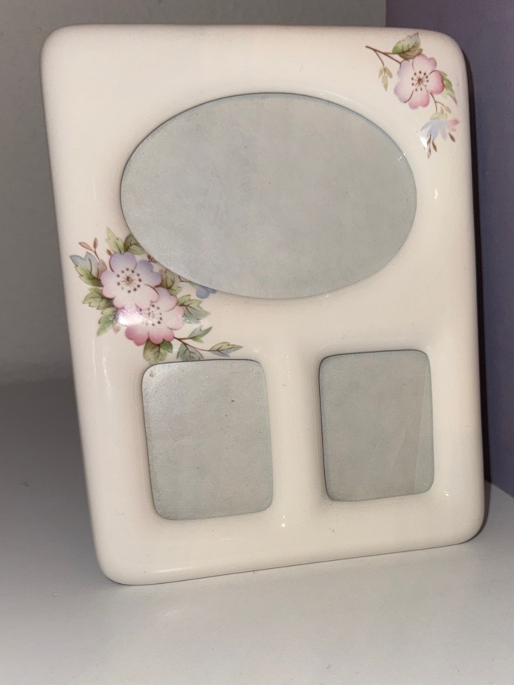 White Ceramic Triple-Opening Picture Frame with Pink Floral Accents